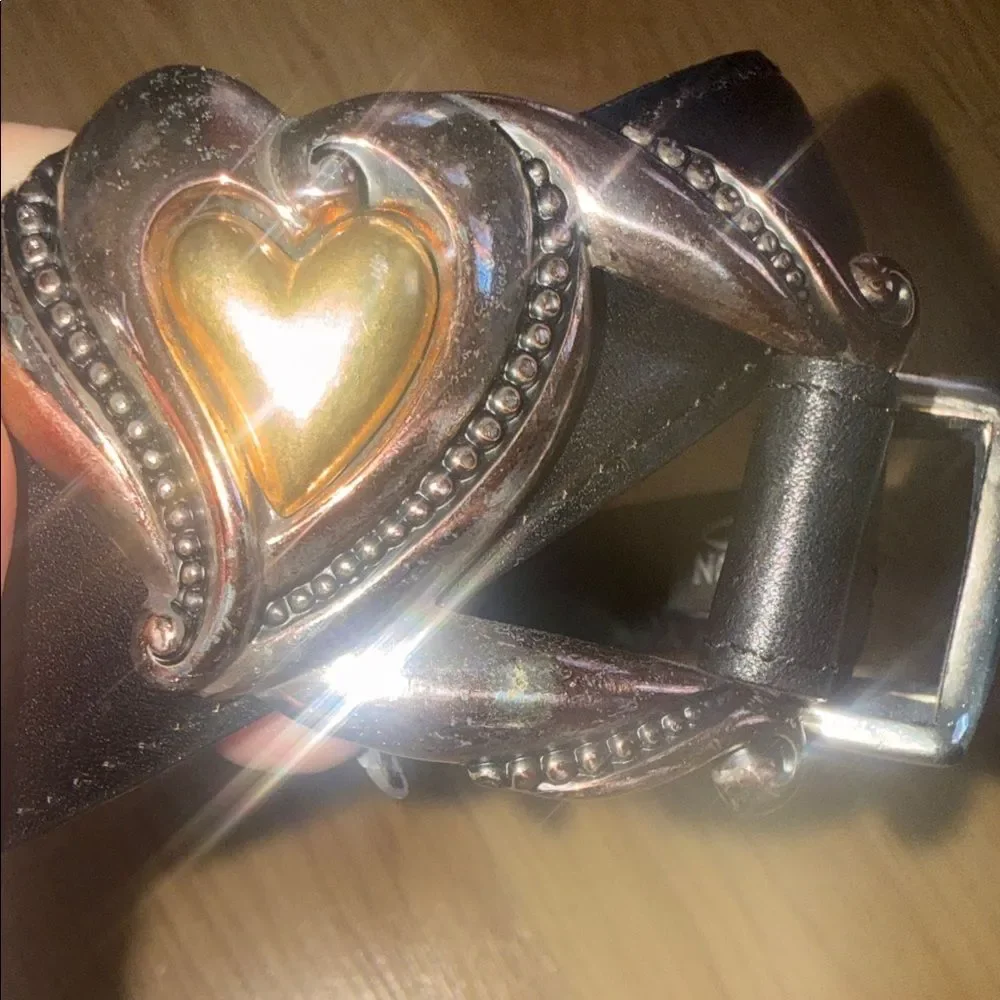 Vintage Brighton Black Belt Heart Silver Gold Buckle Made in USA Small 1996